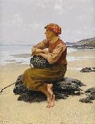 August Hagborg Sittande ostronplockerska pa stranden oil painting
